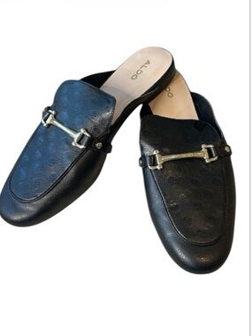 Aldo Terri Black Loafer Mules Size 10 Gold-Tone Horsebit Slides Slip On Shoes